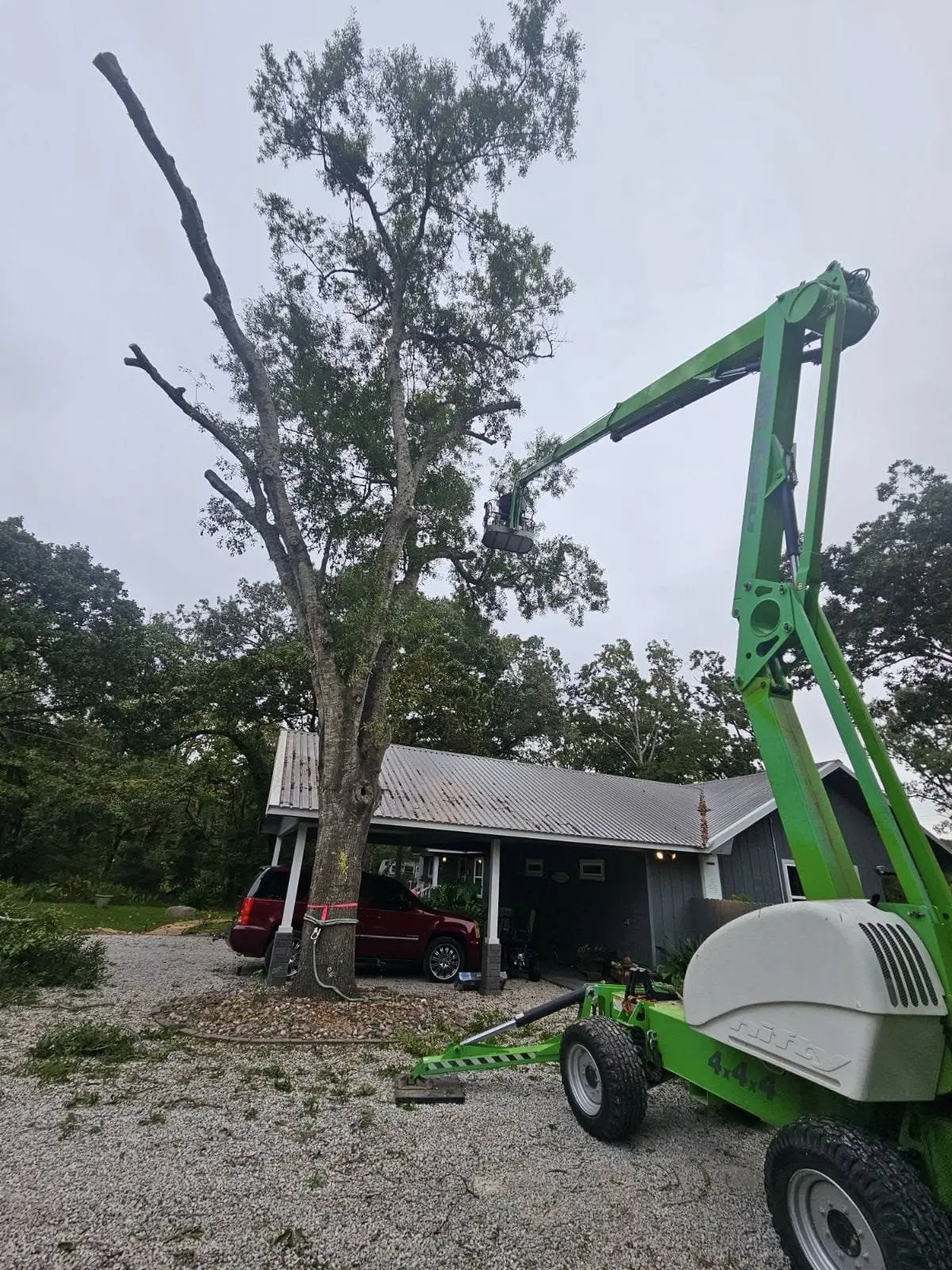 Worker in a boom lift cutting down a tall tree beside a metal-roofed carport and a home in Overton, Texas
