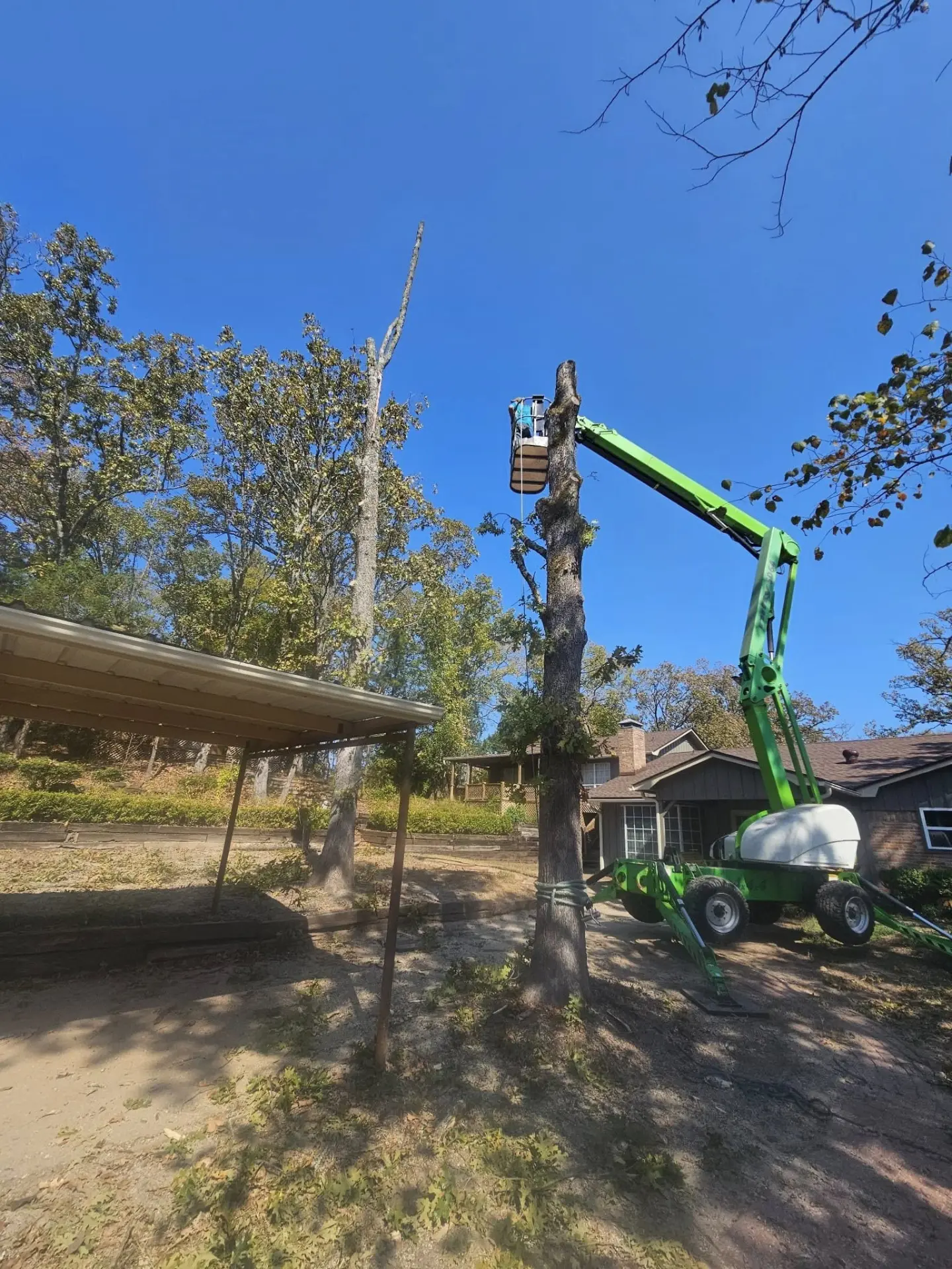 Crew topping the remaining trunk of a stripped tree between a carport and a single-story home in Overton, Texas