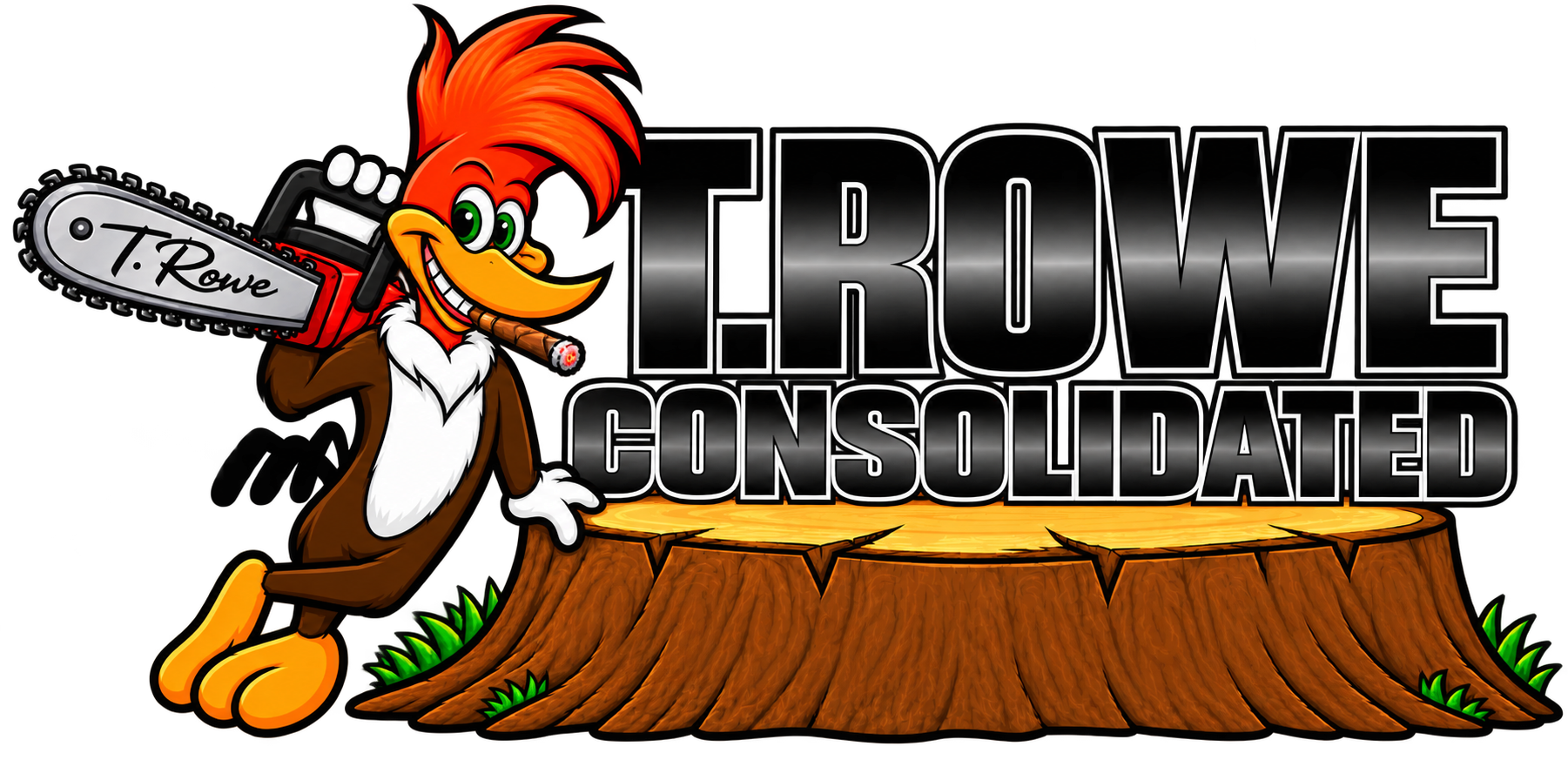 T. Rowe Consolidated logo — woodpecker with a chainsaw beside a tree stump, East Texas tree service